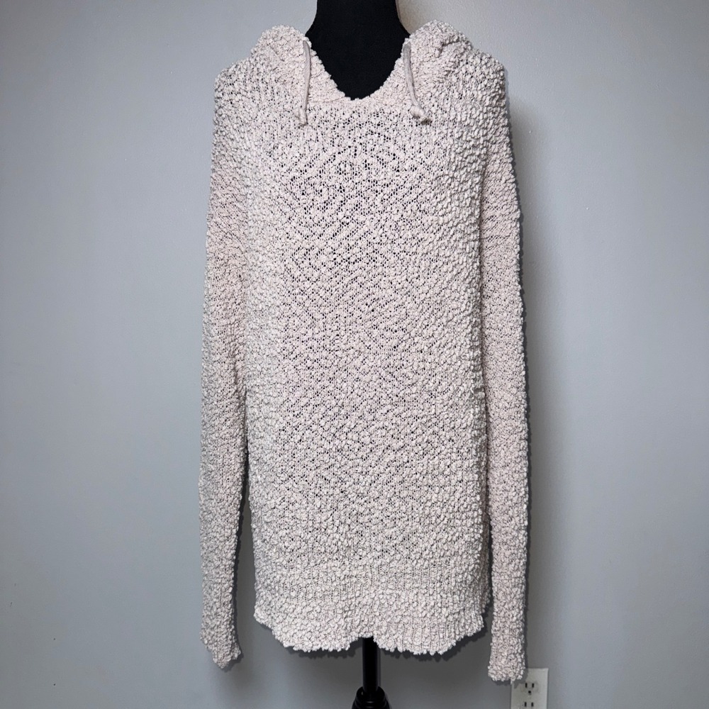 Listicle Popcorn Knit Hoodie Sweater Tan Beige Boho Textured Pullover M Cozy